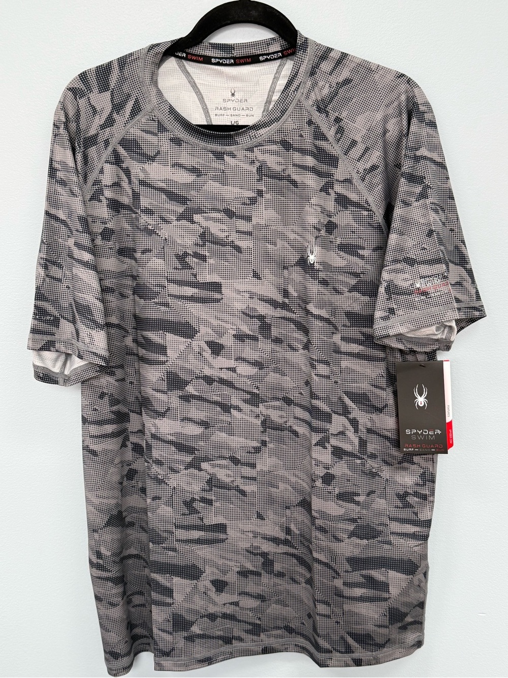 Spyder Rash Guard Shirt Mens Large Black Gray Camo UPF 30+ Quick Dry Swim Surf